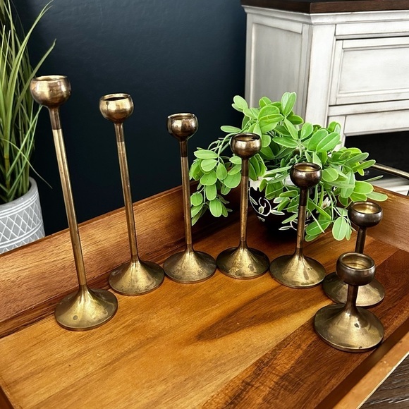 Mid Century Scandinavian Brass Graduated Candleholders - Set of 7 - Picture 2 of 9